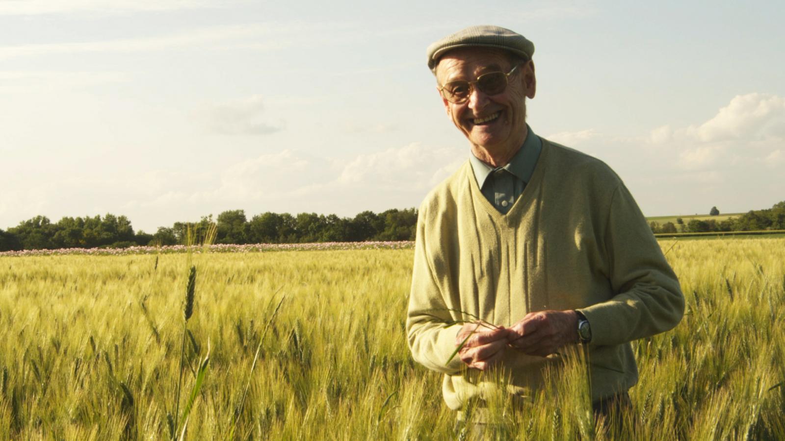 Un agriculteur dans un champ, des herbes jusqu'à la taille