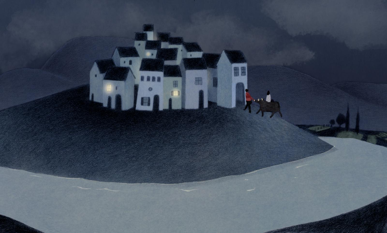 Image d'animation : un village surplombe une vallée et une rivière