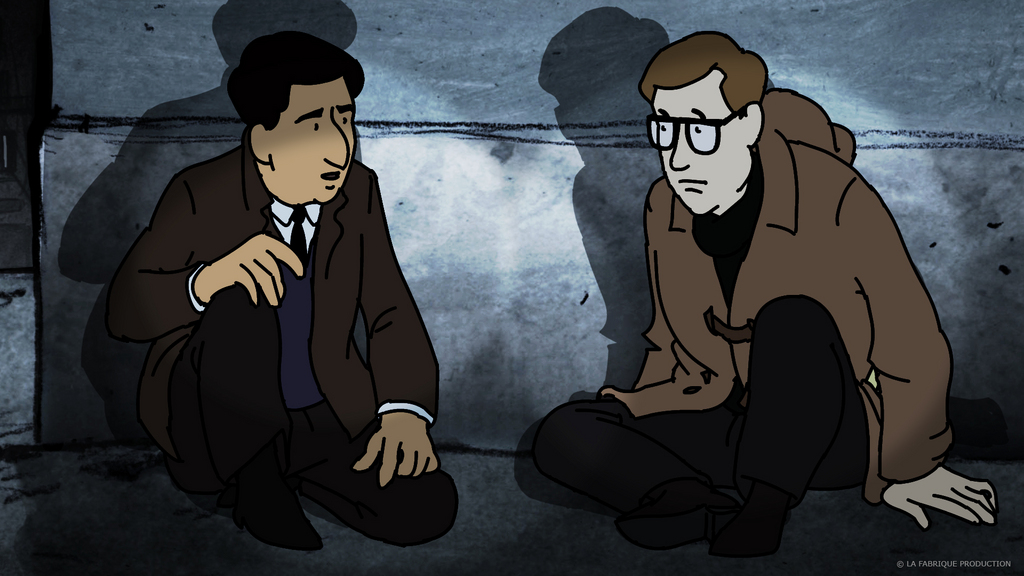 Animation : deux jeunes hommes sont assis contre un mur dans la rue